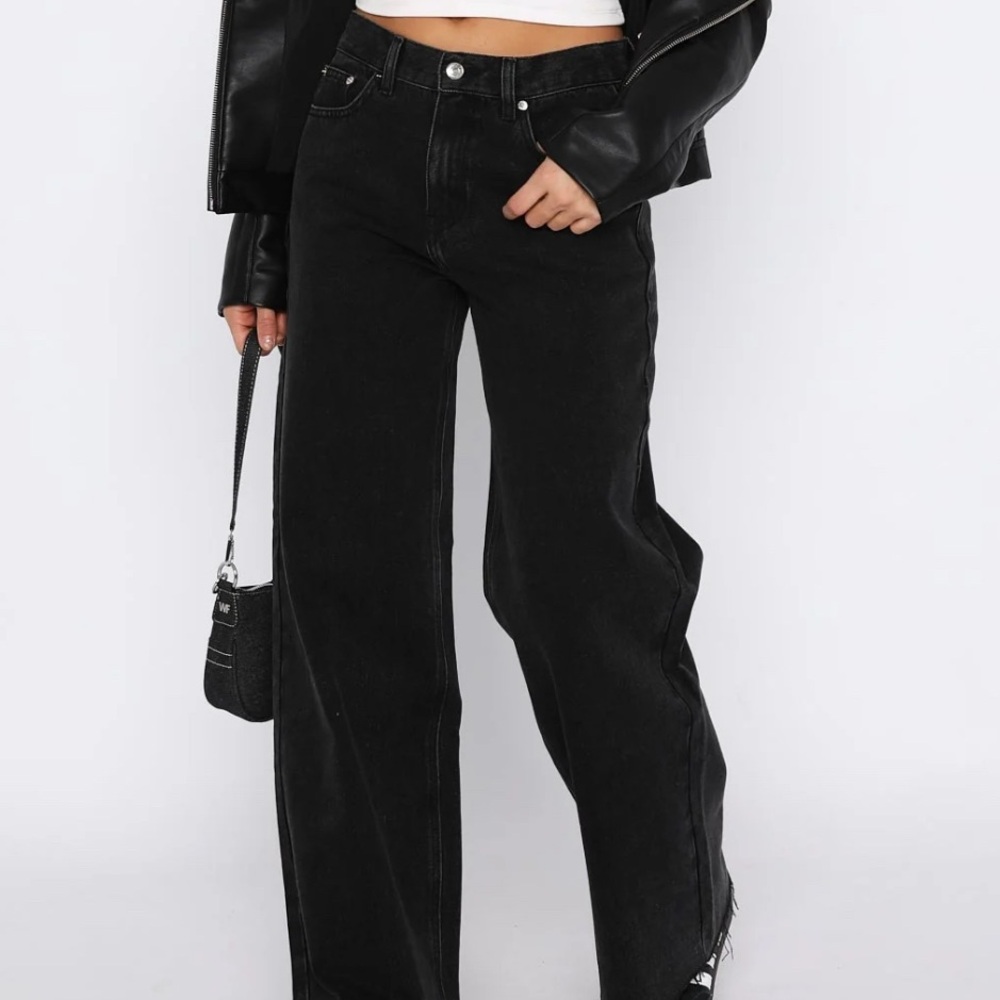 White Fox Boutique Call You Mine Mid Rise Wide Leg Jeans Washed Black